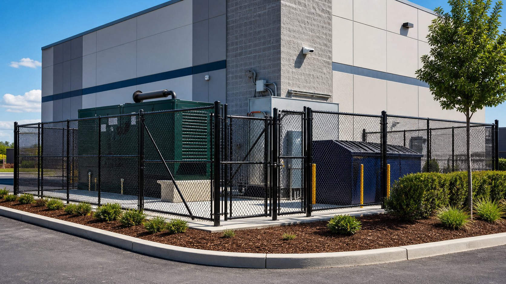 Commercial fence enclosure around equipment, dumpsters, and generators