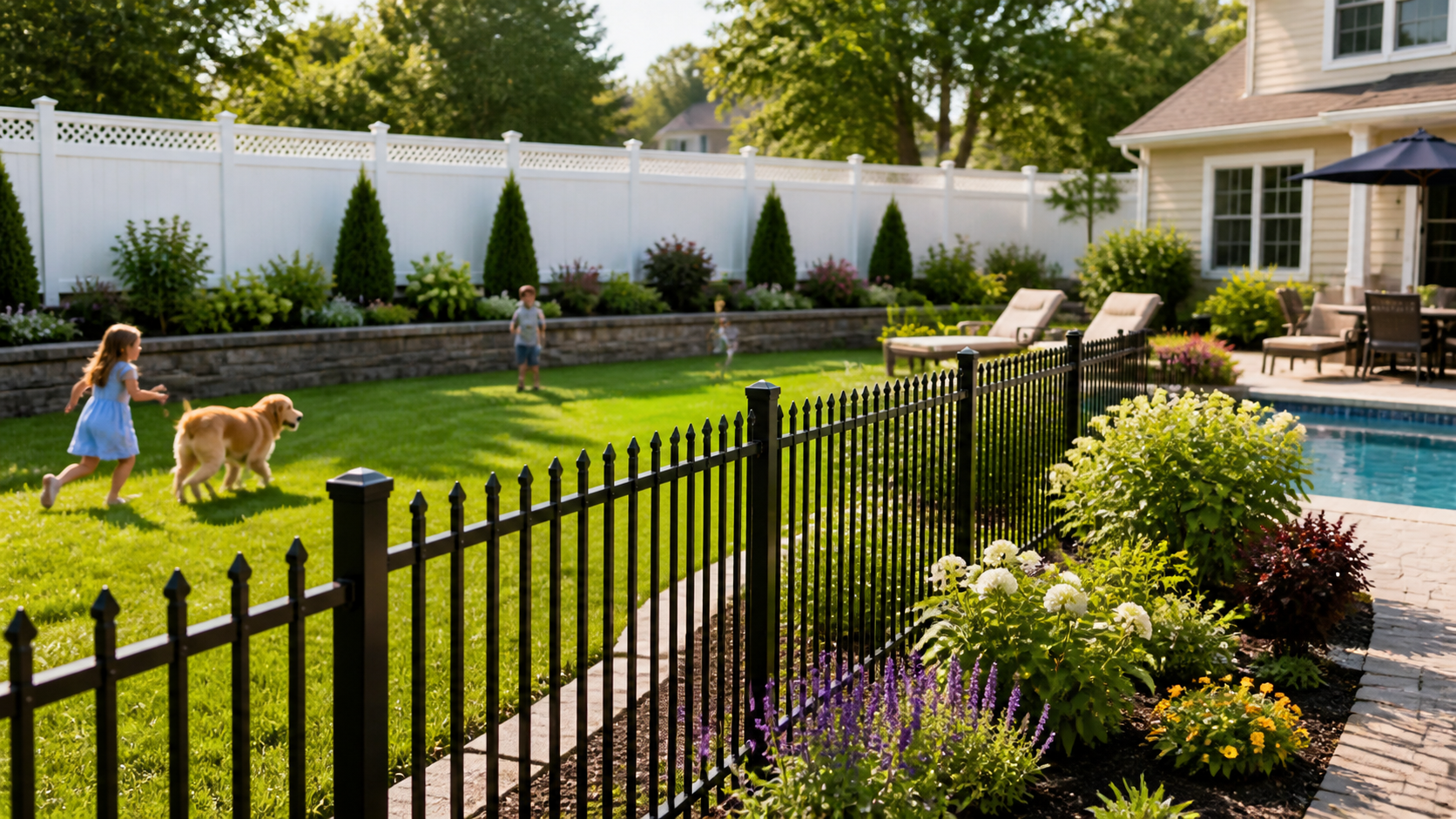 Residential fence protecting a yard, garden, pets, pool, and home